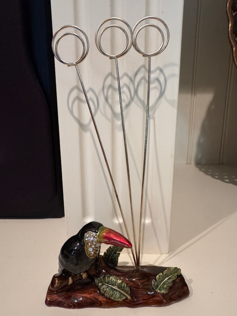 Toucan Bird Jeweled Enamel Three Photo Note Stand Metal Picture Wire Holder